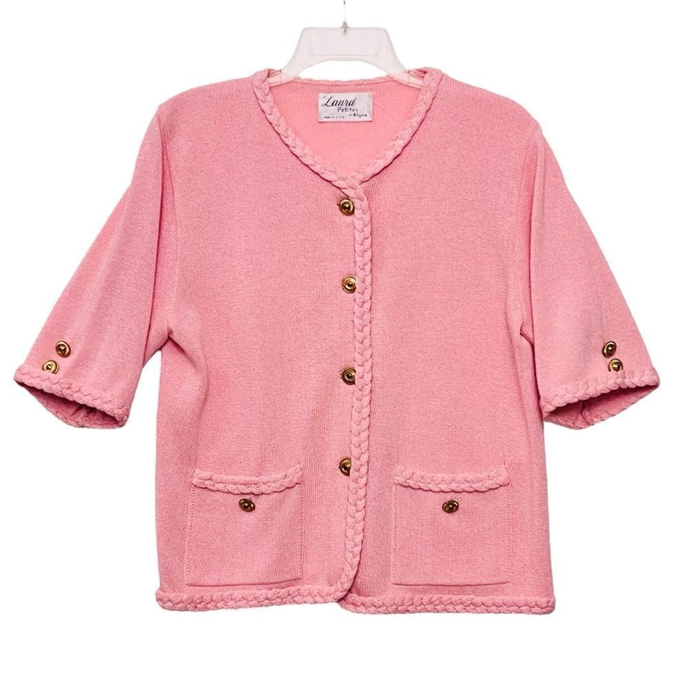 Vtg Laura By Alyzia Pink Knitted Cardigan Braids/Hems Luxury Neutral Sweater 8P